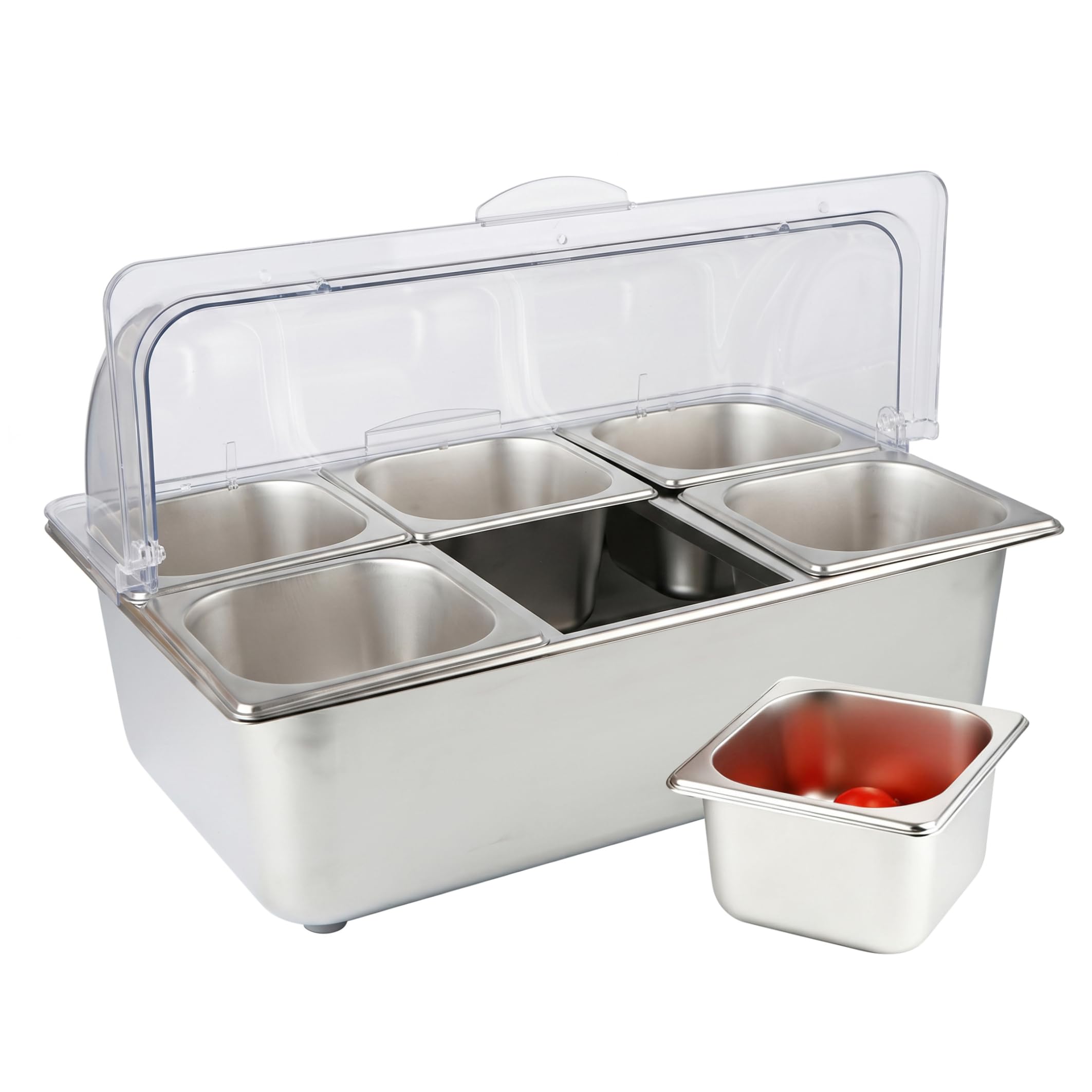 Bemonew Chilled Serving Tray, 6-Grid Cold Food Buffet Server with Ice Chamber & Lid Salad Dressing Container Food-Grade Condiment Tray for Bar, Home, Restaurant