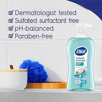 Dial Body Wash, Refresh & Renew Coconut Water, 32 Fl Oz, Hydraclean Complex & Vitamin E, Gentle, Leaves Skin Feeling Nourished, Dermatologist-Tested, No Parabens & Sulfates | Infused with Vitamin E and HYDRACLEAN COMPLEX, dermatologist tested, cruelty free, bottle made with recycled plastic