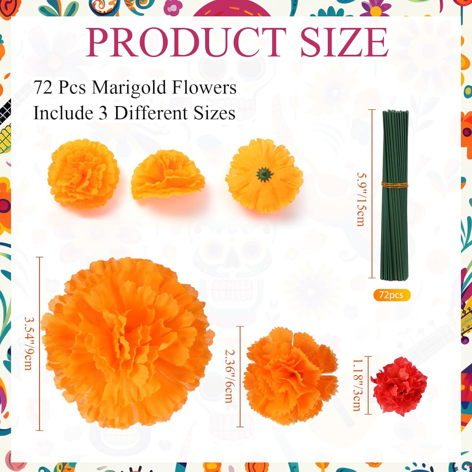 Thiccywoov 90 Pcs Marigolds Artificial Flowers Heads Bulk Mexican Party Decorations 4.72'' Artificial Butterfly 1.2'' 2'' 3.5'' Silk Marigold Flowers for DIY Party Garland (Red,Orange)