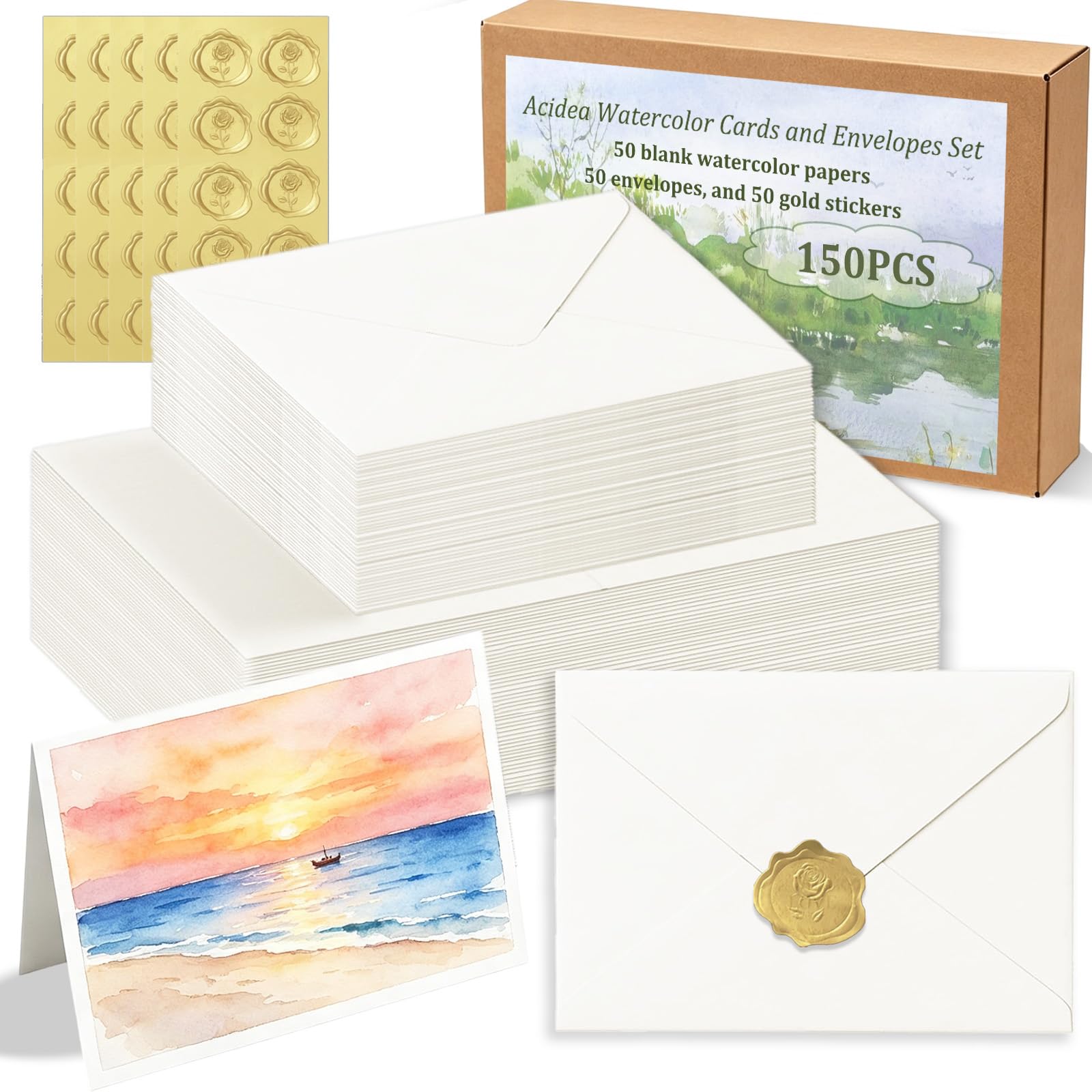Acidea Watercolor Cards and Envelopes Set, Folded 4x6 Watercolor Paper Card