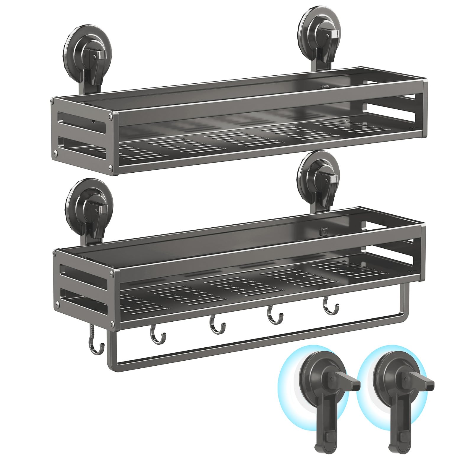 CIBOTIES Shower Caddy Suction Cup 15 8 inch 2 Pack Suction Shower Shelf with Hooks NO-Drilling Bathroom Holder