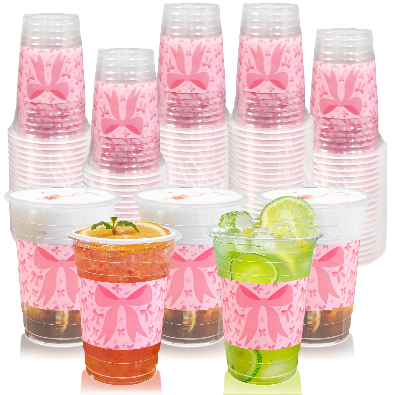 60 Pieces 16oz Pink Bow Birthday Party Supplies，Disposable Plastic Cups for Girls Birthday Party Decorations, Baby Shower Supplies, Coquette Theme Party Tableware (Bow Cups)