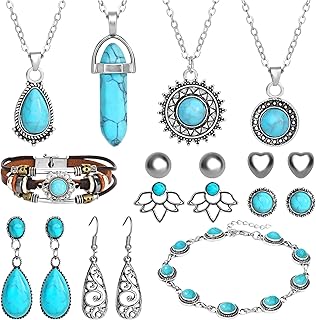 NEWITIN 20 Pcs Bohemian Jewelry Set for Women Western Turquoise Jewelry Set | Costume Silver Jewelry, Belt Chain Necklaces Bracelets Rings Earrings Set for Women, Party Prom Beach Jewelry Set, Women Gift