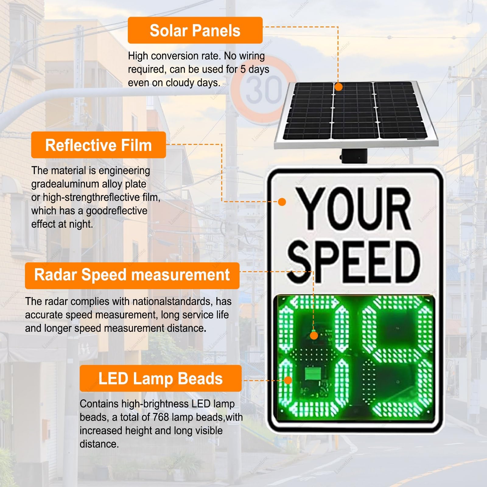 Tablero detector de velocidad digital, señal de tráfico LED solar, pantalla de radar de adjustment remoto, seguridad de zona residencial y escolar, resistencia al agua IP65, batería de ampia duración