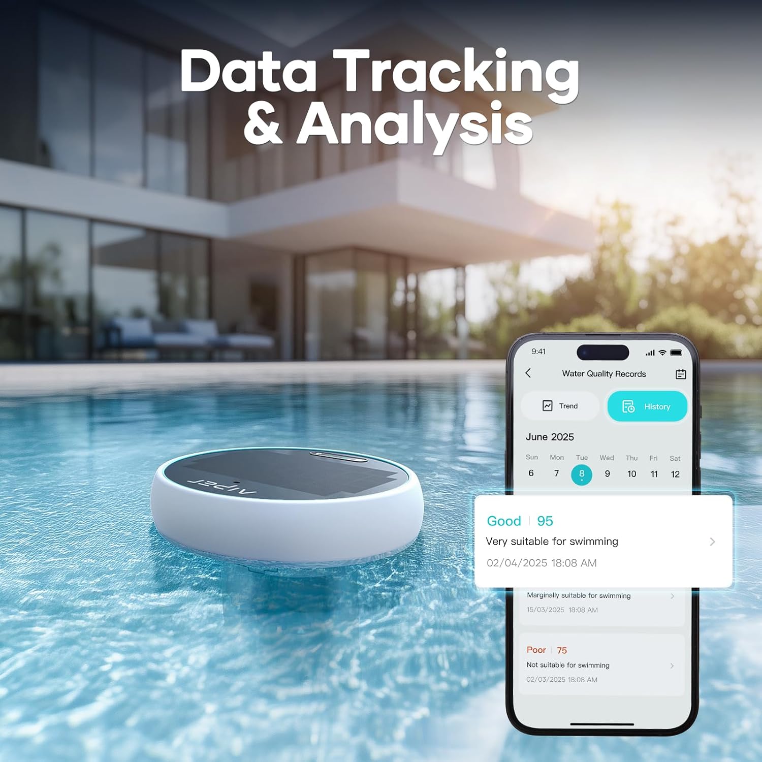 AIPER HydroComm Smart Pool Monitor floating in a pool, with a smartphone displaying the 'Data Tracking & Analysis' feature of the Aiper app, showing historical water quality records.