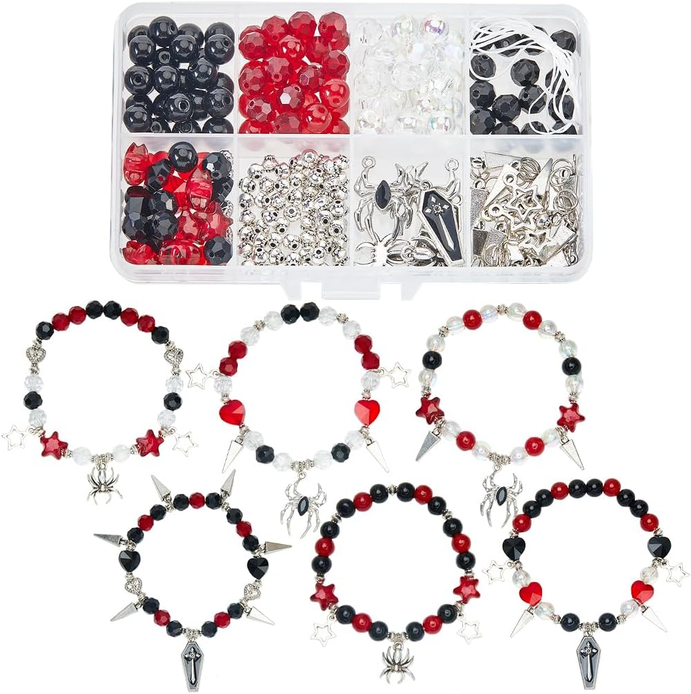 SUNNYCLUE 1 Box 6 Sets Halloween Bracelets Kit Coffin Spider Charms Gothic Charm Round Heart Star Bead Black Red Glass Spacer Beads for Jewelry Making Kits Women Adults DIY Bracelets Craft Gifts