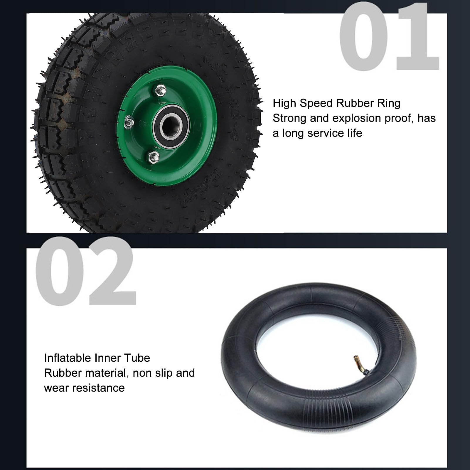 Sostituzione Ruote in Gomma da 10 Pollici 4.10/3.50-4 Pneumatici gonfiabili compatibili con carrelli da Giardino, carrelli e carriole - capacità di carico 250 kg - Cuscinetto