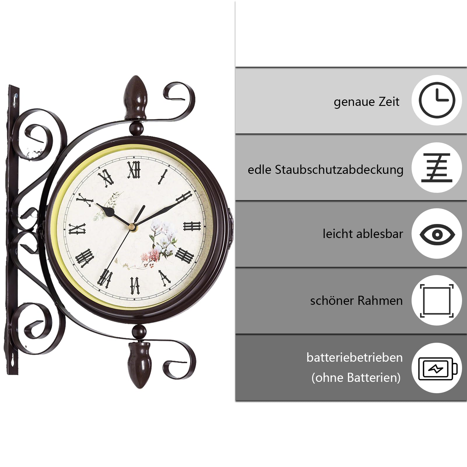 Bahnhofsuhr doppelseitig,Wanduhr im antiken Stil,30 X 40cm,Batterie, Eisen Bahnhof Stil,Metall, Zwei Gesichter,Gartenuhr im Vintage-Stil für Bahnhof, Flur oder Garten (ländlich-Braun)