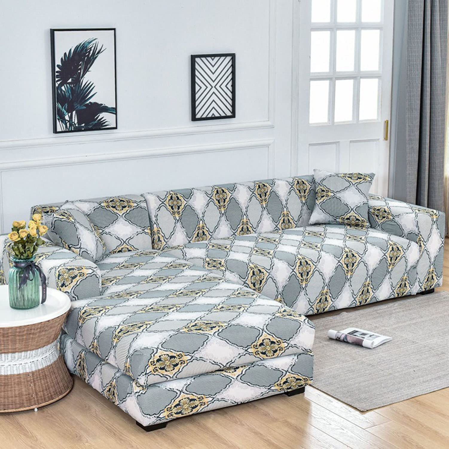 Funda de sofá elástica geométrica antideslizante para protector de muebles en forma de L