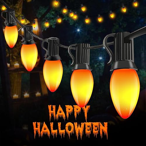 Luces de Halloween naranjas, tira de luces C7 parpadeantes de 25 pies color naranja llama conectable, certificado UL con 27 bombillas naranja llama