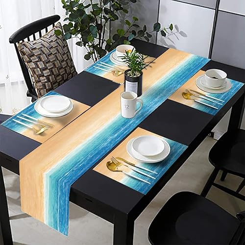 Juego de 6 manteles individuales y camino de mesa de playa de verano con acuarela, color azul y amarillo, tropical, Hawaii, juego de tapetes de