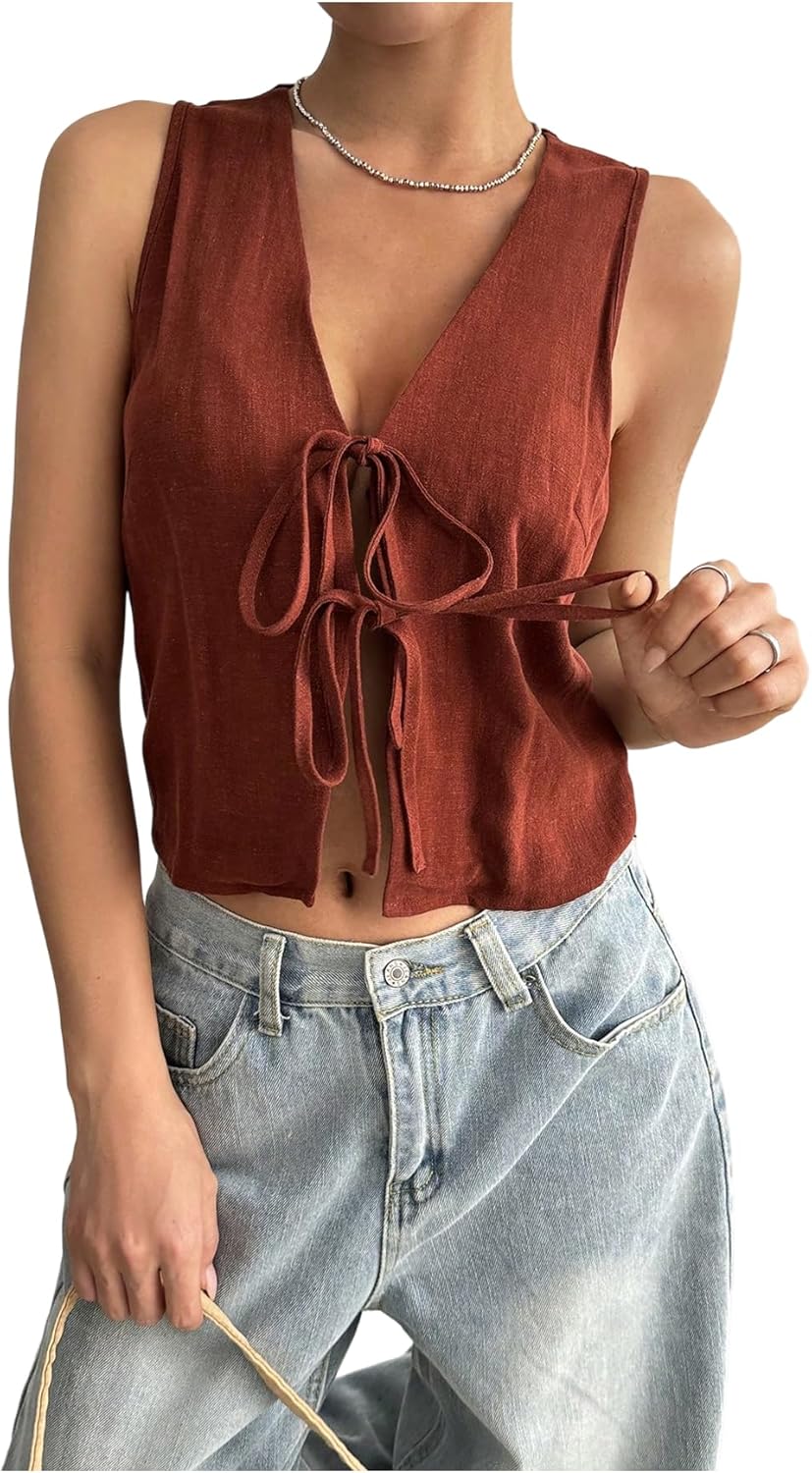 Women's Tie Front Cropped Vest Summer Deep V Neck Sleeveless Y2k Going Out Tops