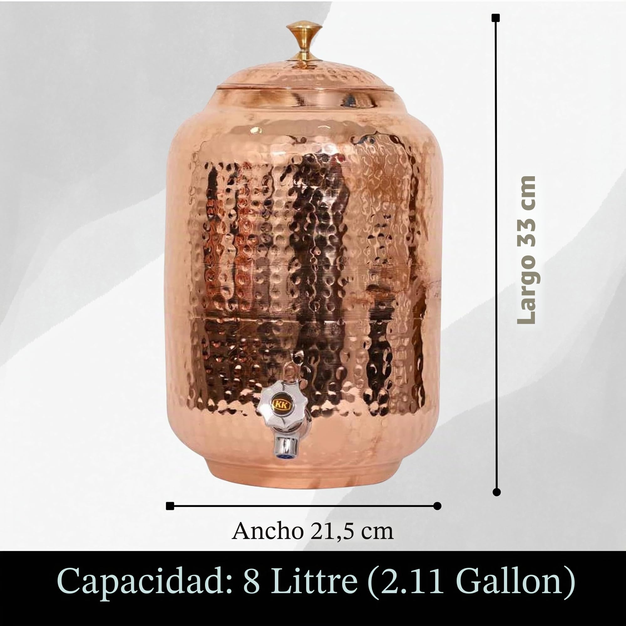 Dispensador de agua de cobre puro, capacidad de 8 litros, acabado martillado, beneficios ayurvédicos para la salud, incluye 2 vasos a juego y 1 botella de cobre, vasos hechos a mano para curación e