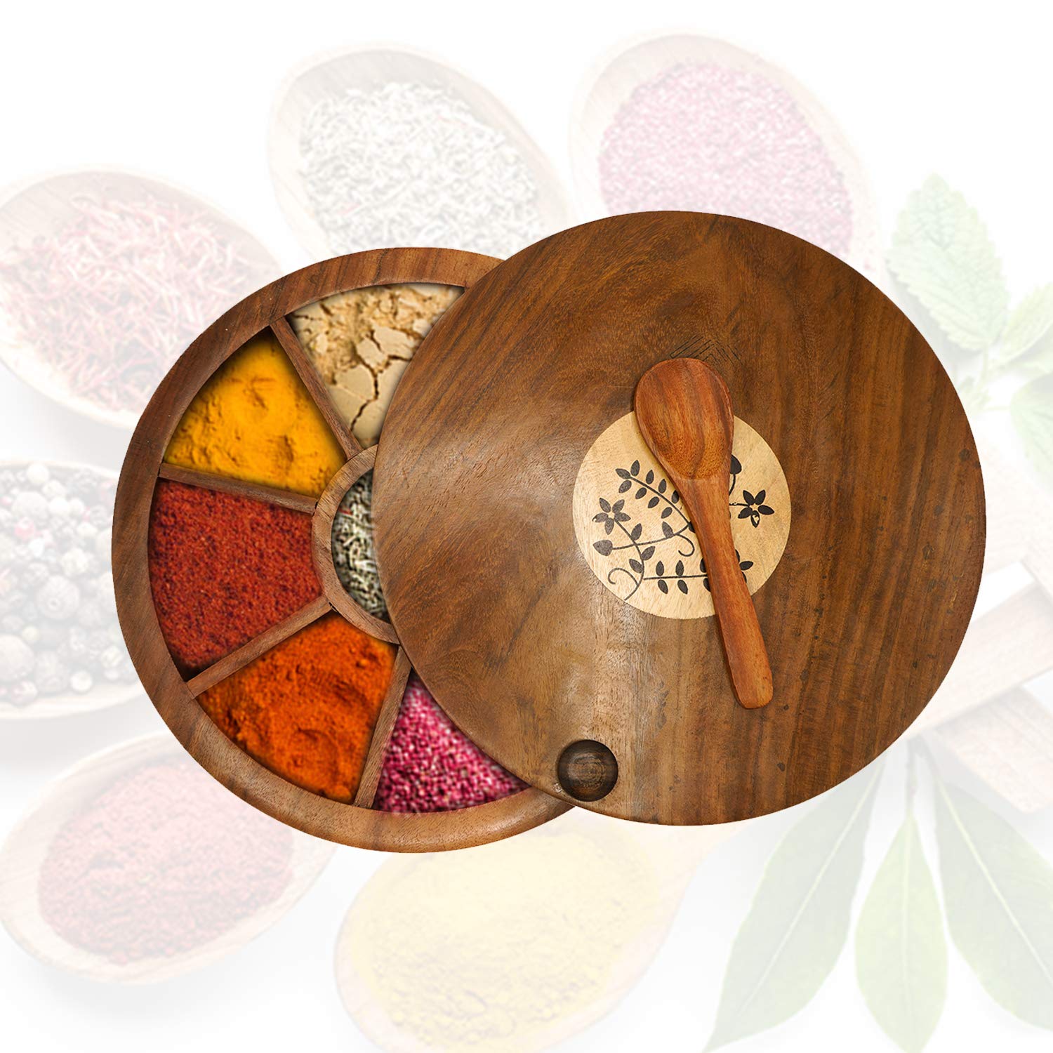 Naayaab Craft Sheesham Wooden Masala Box With Spoon - Spin Round Design - 10 inch 3