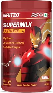 Gritzo SuperMilk Athlete Iron Man (13+y Boy & Girl), 17g Protein Powder (Double Chocolate, 400g) | No Refined Sugars, 20 V Price In India
