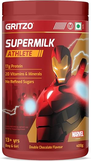 Gritzo SuperMilk Athlete Iron Man (13+y Boy & Girl), 17g Protein Powder (Double Chocolate, 400g) | No Refined Sugars, 20 V...