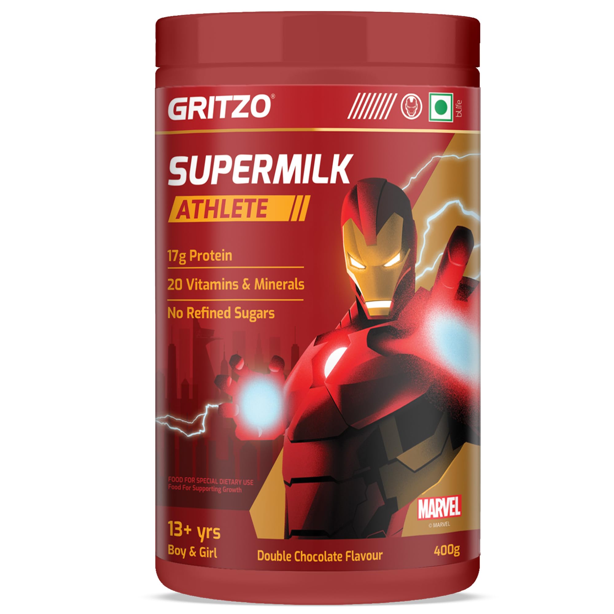Gritzo SuperMilk Athlete Iron Man (13+y Boy & Girl), 17g Protein Powder (Double Chocolate, 400g) | No Refined Sugars, 20 Vitamins & Minerals-image-13