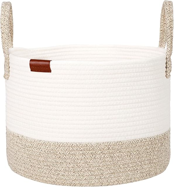 Aoohun Cotton Rope Laundry Basket, Woven Storage Baskets Collapsible Toy Hamper Storage Organiser Desert Large D40*H28cm