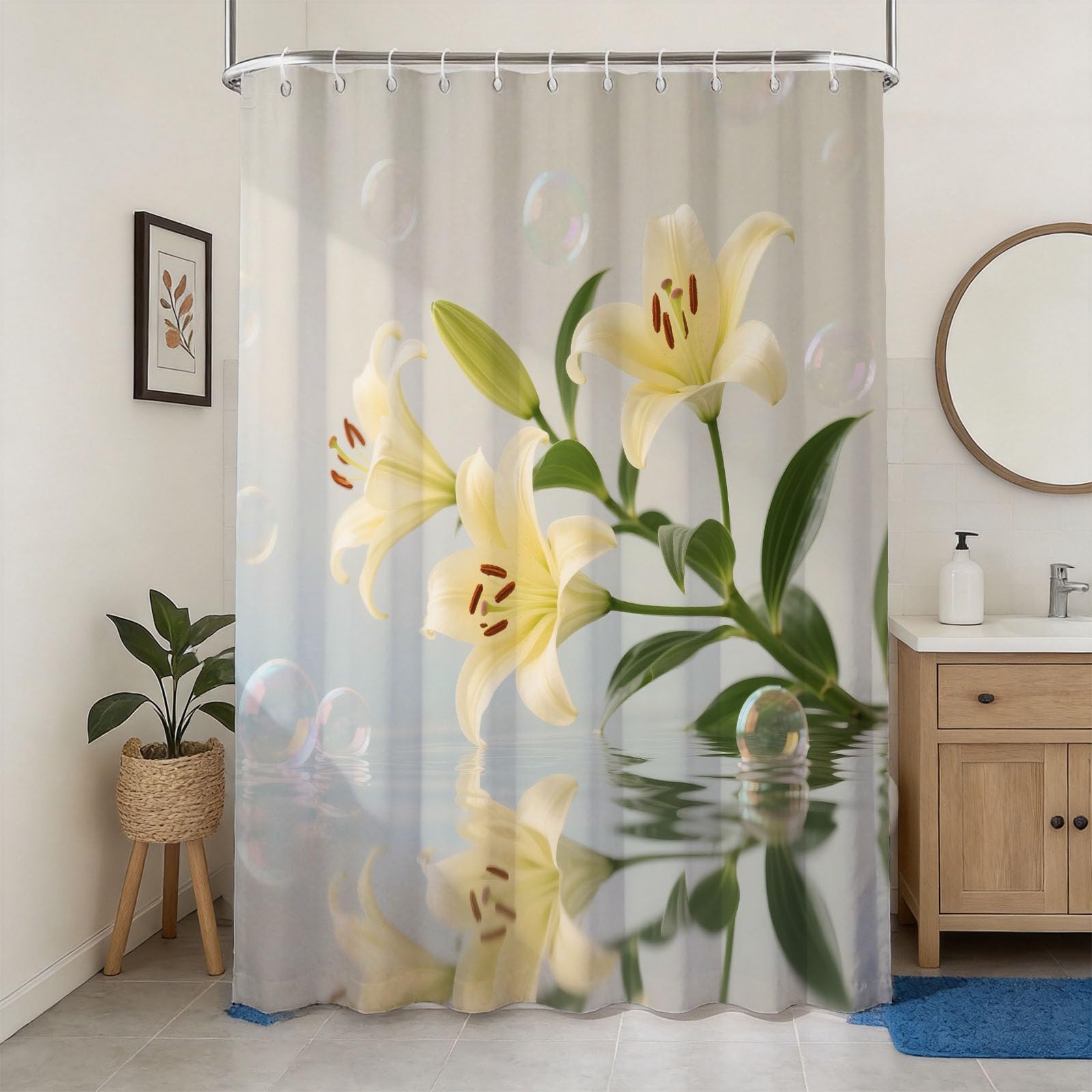 Hongduo 3D Lily Flower Shower Curtain for Stalls Bathtubs Dreamy Bathroom Decor Shower Curtain Set Polyester Fabric Waterproof 180x180cm/71X71 Inch with Hooks