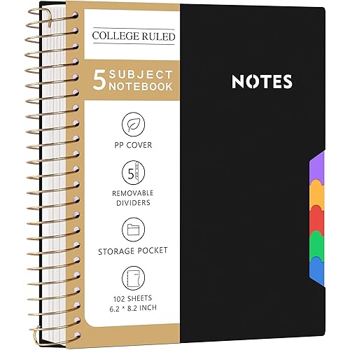 CAGIE Spiral Notebooks for School Work with Removable Dividers Tabs, Small A5 5 Subject Notebook College Ruled, Lined Journaling Notebook for Women Men Writing, Black