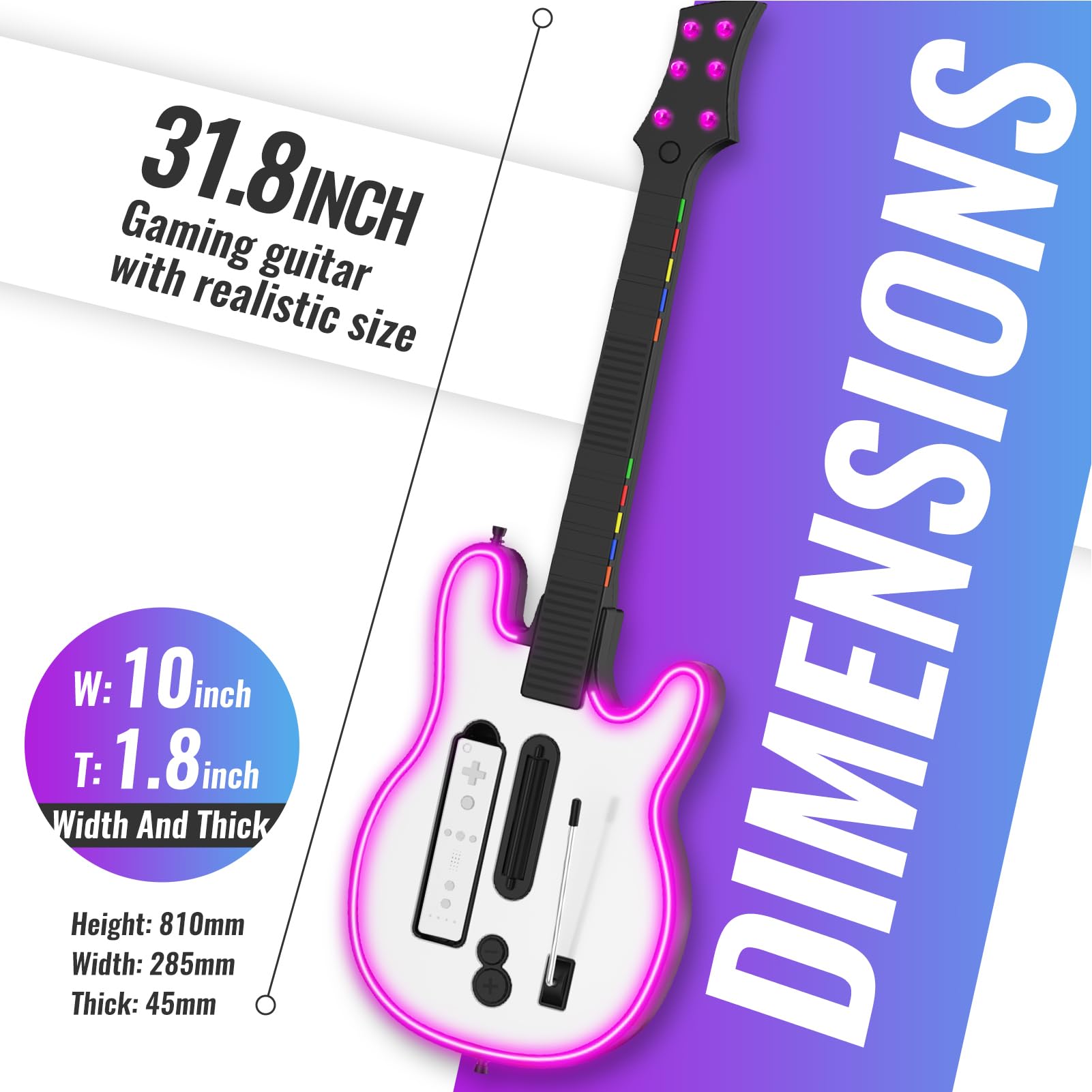 Chitarra da Gioco Wireless con Cursore Al Collo Sensibile Al Tocco con Luce RGB, Controller per Chitarra in modalità Multiplayer, Lunghe Ore di Lavoro, Materiale ABS Bianco (31,8x10x1,8
