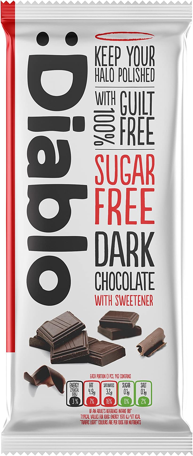 Diablo Sugar Free Dark Chocolate Bar – Maltitol Sweetened, Low Carb & Gluten-Free Treat, Ideal Snack for All – Celebrate Any Occasion, Birthdays, Valentine’s, Anniversary – 85g, 6 Packs
