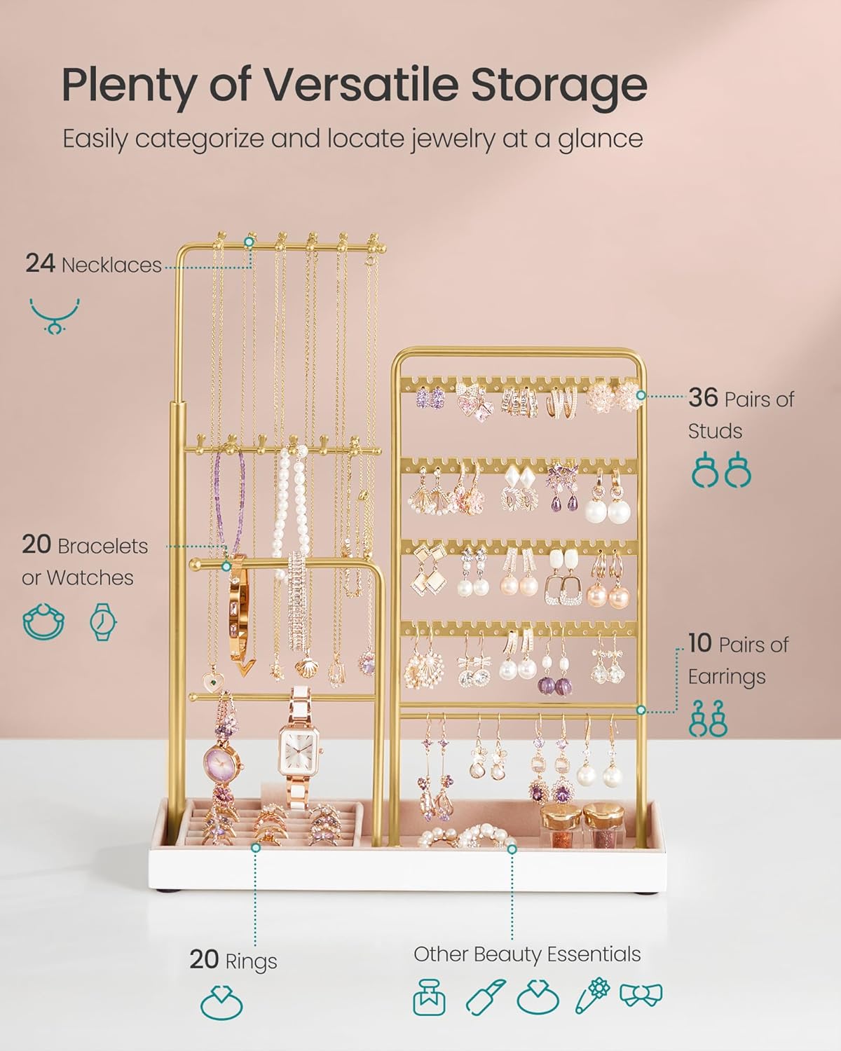SONGMICS Jewelry Holder, Jewelry Storage Organizer Stand with Metal Frame, Velvet Tray, 12.1 to 18.7 Inches Tall Height Adjustable Necklace Holder, for Rings, Earrings, Pale Gold UJJS026A01 - Image 6