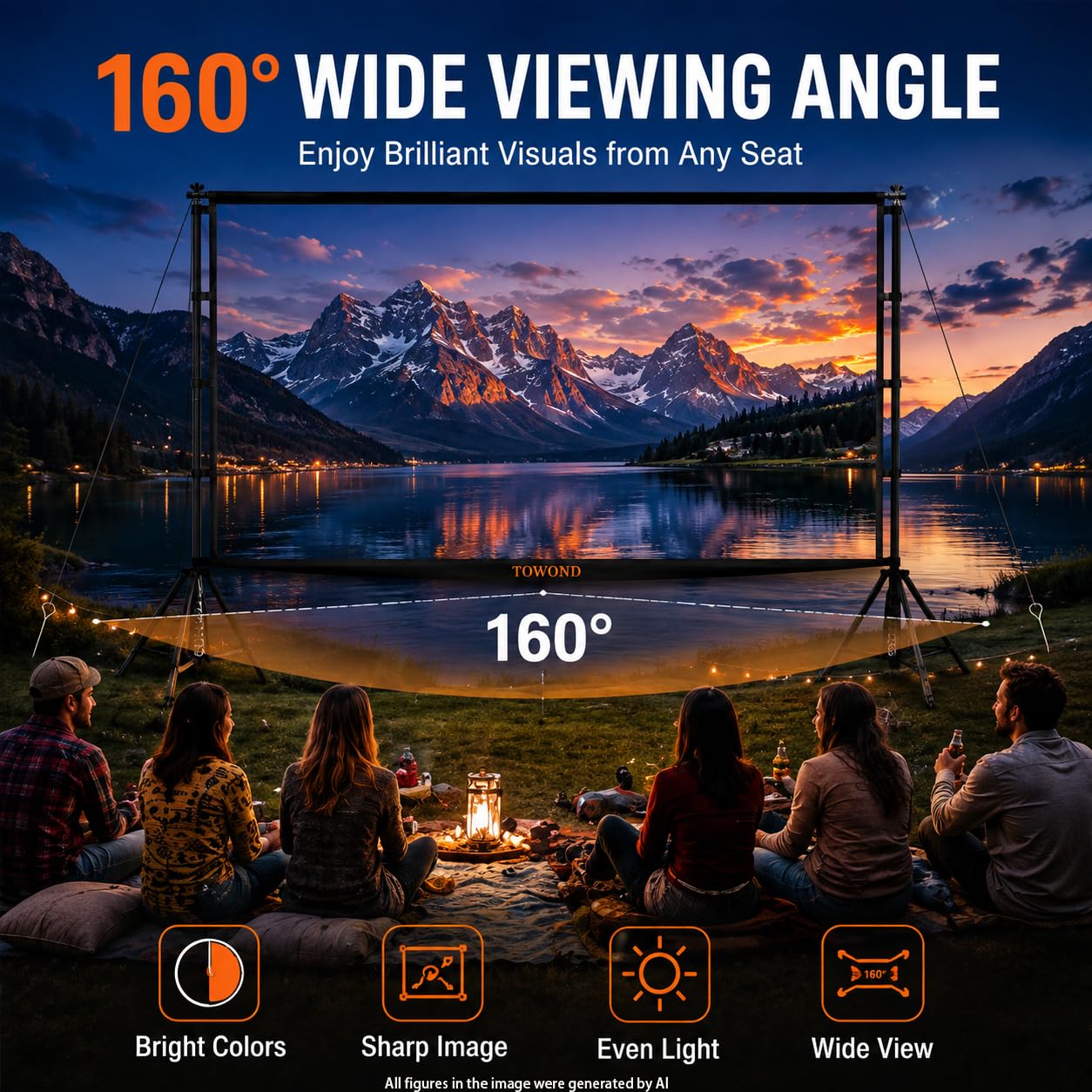 TOWOND Projektor-Leinwand für den Außenbereich, 120 Zoll (304,8 cm), tragbar, 16:9 HD, faltbar, knitterfrei, Projektionsleinwand mit Tragetasche für Heimkino, Außen- und Innenbereich, doppelseitig