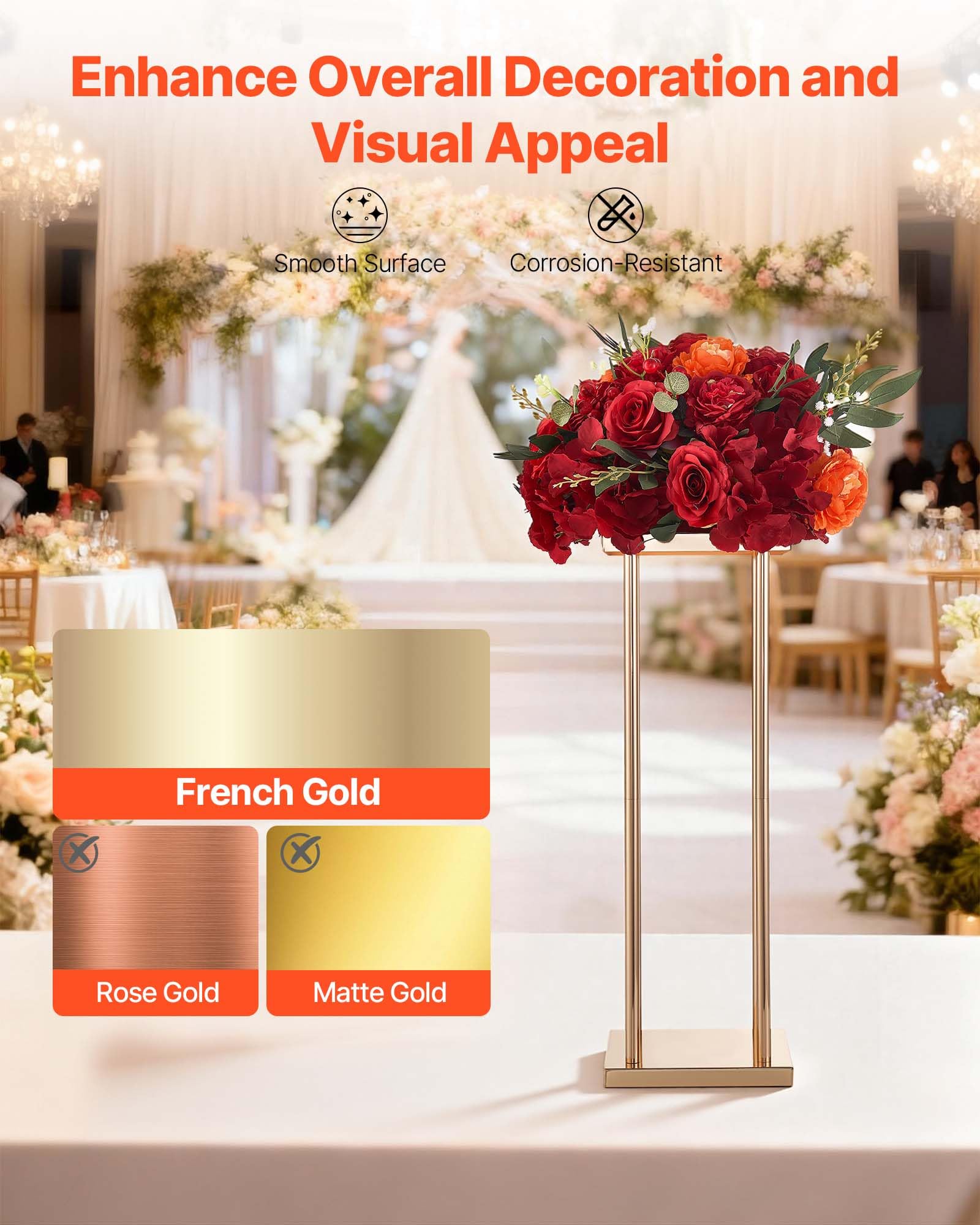 VEVOR Soporte Floral para Bodas, en Forma de Columna, con Laminado Metálico, Ideal para Bodas, Fiestas, Cumpleaños y el Hogar, Soportes Dorados Francés para Centros de Mesa, 200 x 200 x 600 mm, 10 uds
