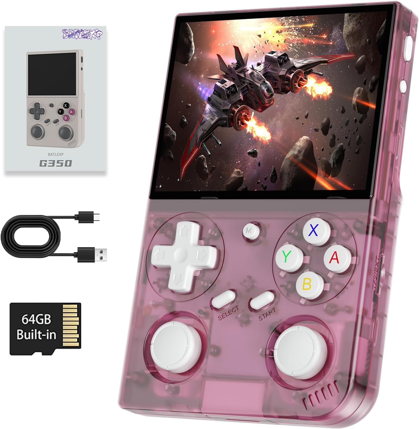 G350 Retro Handheld Game Console , G350 Retro Gaming Console 3.5'' IPS Screen Linux System Built-in 64G TF Card 20+Emulators Pre-Installed 4371 Games Retro Game Console with 3200mAh Battery Pink