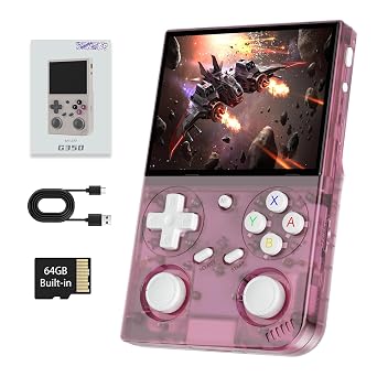 G350 Retro Handheld Game Console , G350 Retro Gaming Console 3.5 IPS Screen Linux System Built-in 64G TF Card 20+Emulators Pre-Installed 4371 Games Retro Game Console with 3200mAh Battery Pink