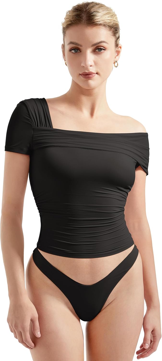 SUUKSESS Women One Off The Shoulder Summer Tank Tops Ruched Short Sleeve Shirts - Image 5