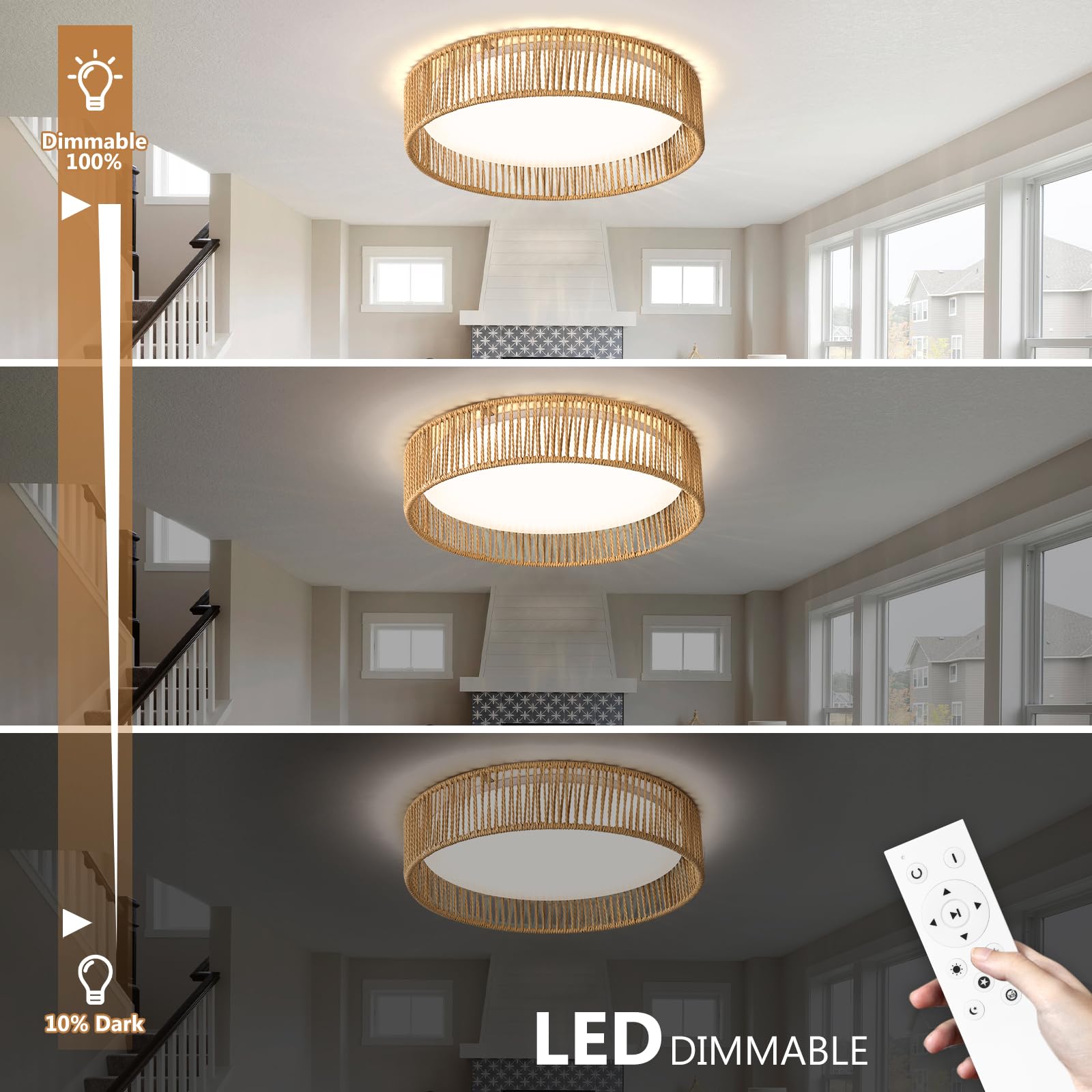 LED Deckenleuchte Rattan wohnzimmerlampe Dimmbar 36W, 43cm Deckenlampe rattan, Für Schlafzimmer Wohnzimmer Flur Esszimmer