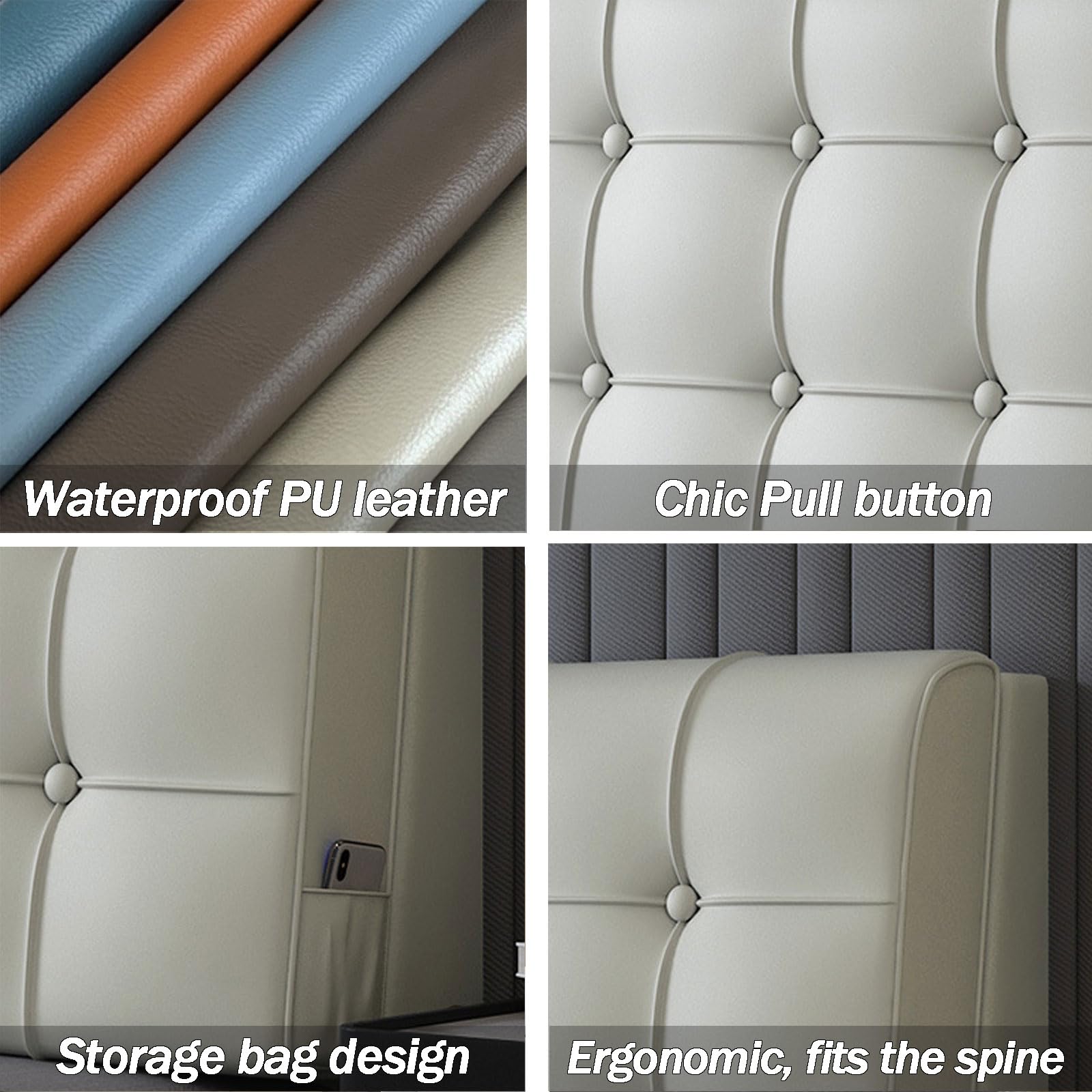 Copritestiera Letto Imbottito - In Peluche, Lavabile, Dimensioni 180x58x10 Cm, Colore Beige