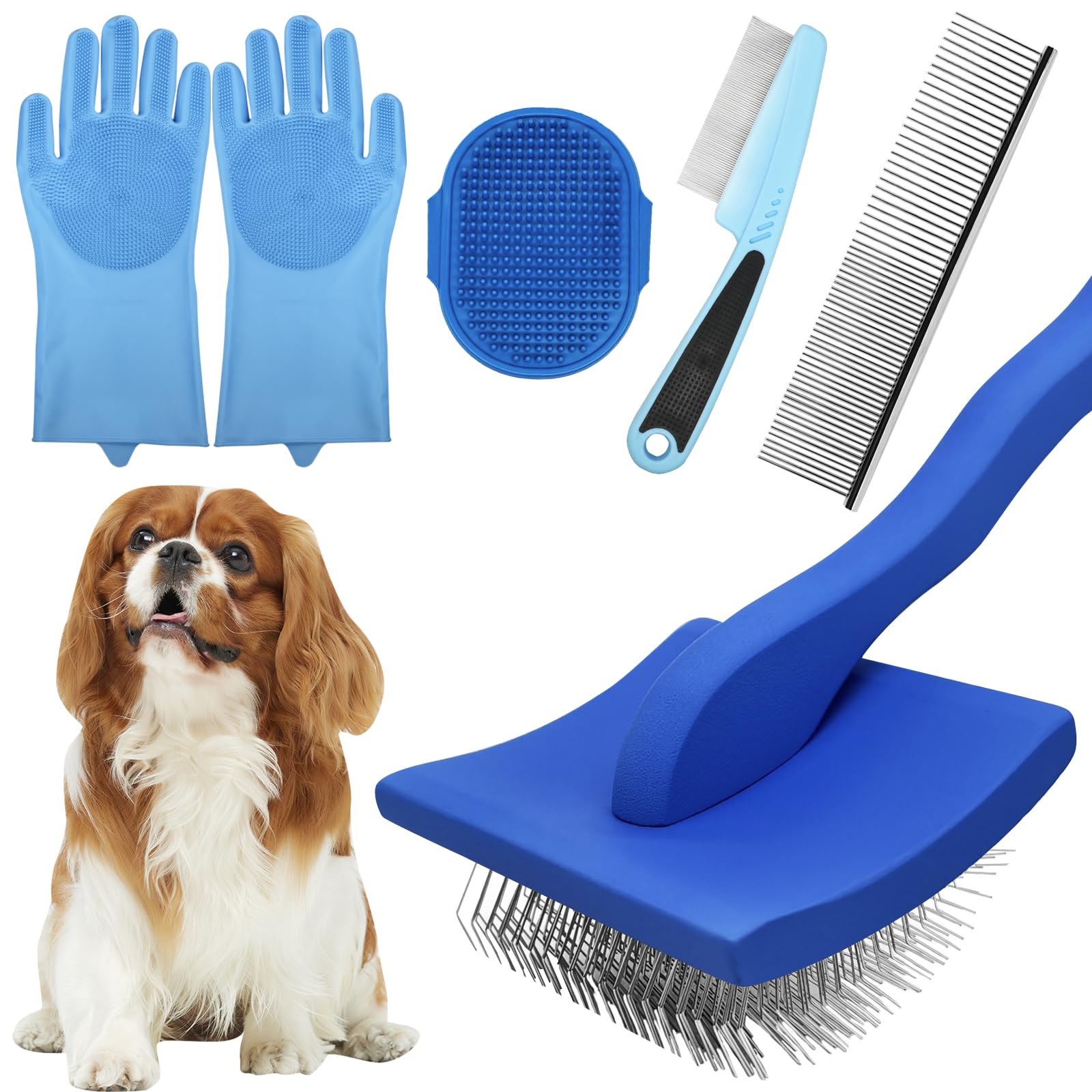 Dog Grooming Brush Set – 5-Piece Kit for Medium & Long-Haired Dogs | Includes Long Pin Brush, Flea Comb, Bath Glove, Silicone Glove, Metal Comb | For