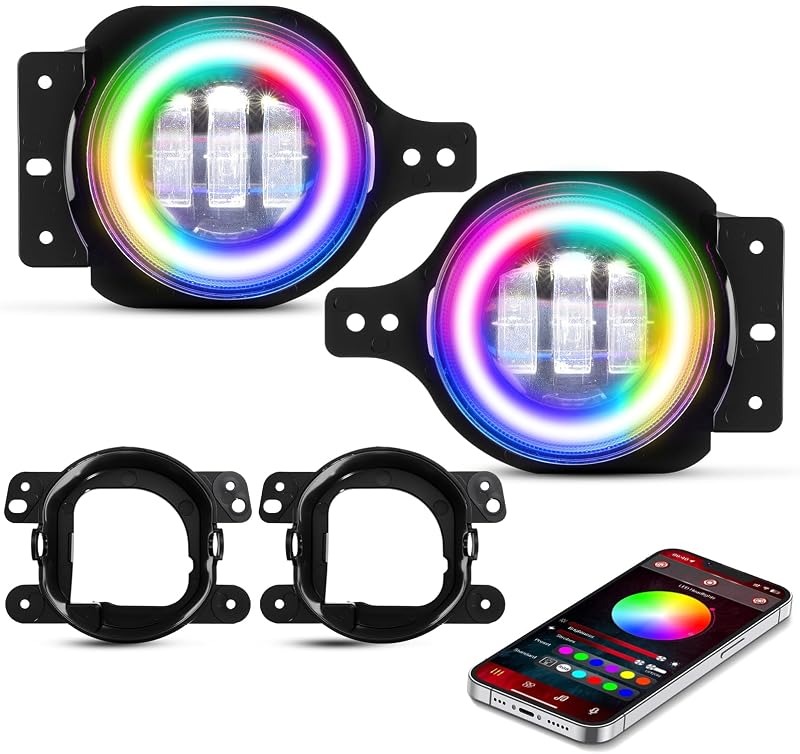 Faróis de neblina LED Auxbeam 4" RGB redondos com DRL e seta âmbar para Jeep Wrangler – Par