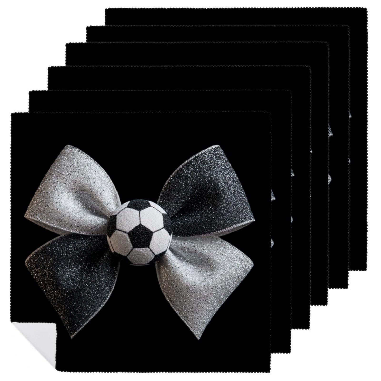 Black And White Glitter Bow Soccer Ball Cloth Napkins Set of 6, Square Premium Reusable Washable Polyester Table Linen Napkin for Dinner Party