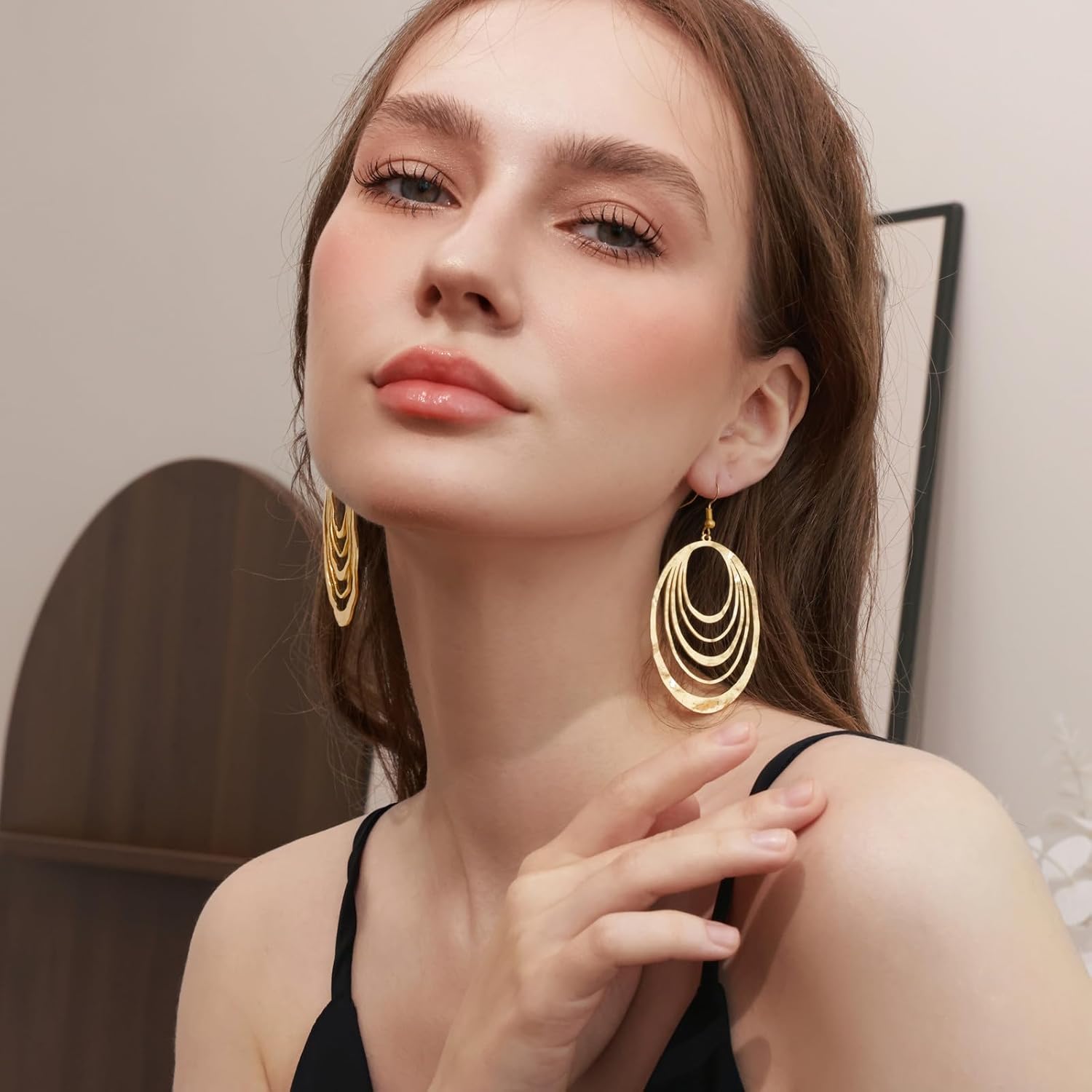 Large Gold Earrings, Big Earrings for Women, Long Dangling Bohemian Earrings, Gold Drop Earrings, Handmade Trendy Geometric Fish Hook Statement Earrings - Image 4