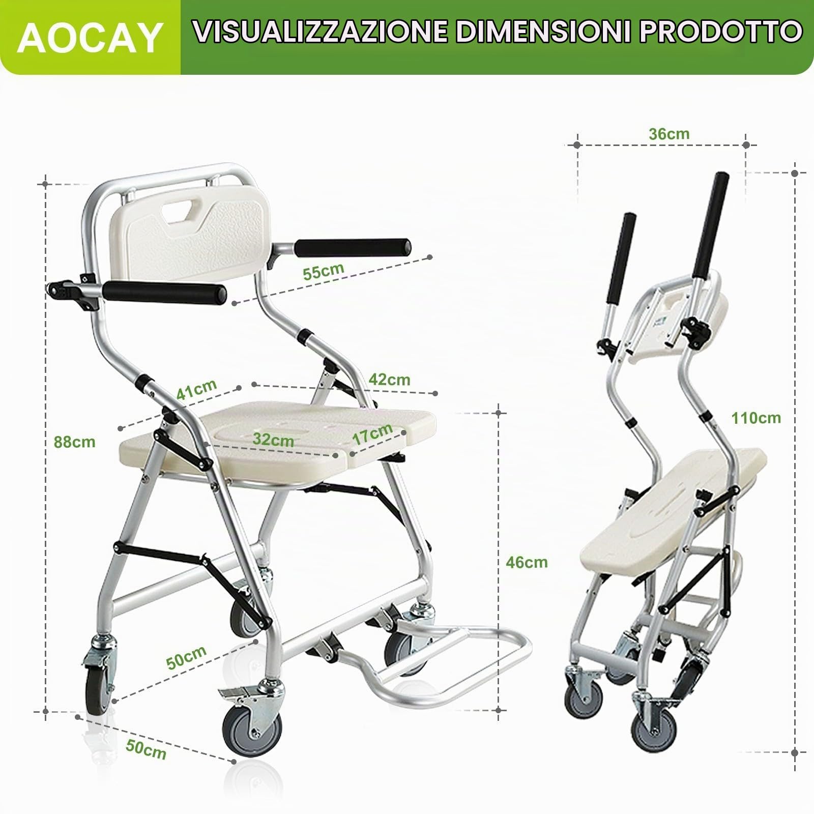 Sedie per Doccia Anziani e Disabili, Sgabello Doccia Pieghevole, Comoda WC per Anziani con Rotelle, Sedia da Bagno con Braccioli Pieghevoli e Poggiapiedi, Materiale in Lega di Alluminio