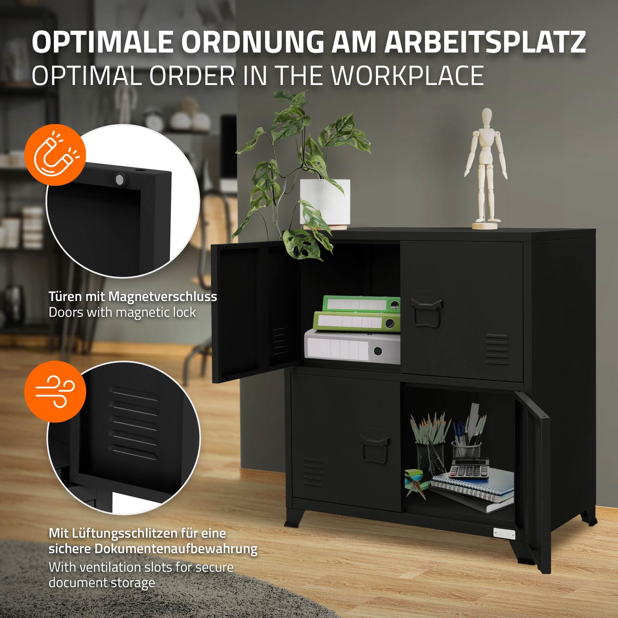 ML-Design Schedario da Ufficio 75x40x80,5 cm Nero Acciaio Mobile a 4 Gambe Armadietto in Metallo 4 Ante 2 Scomparti Interni Armadio Industriale Portadocumenti in Acciaio di Stoccaggio Portaoggetti