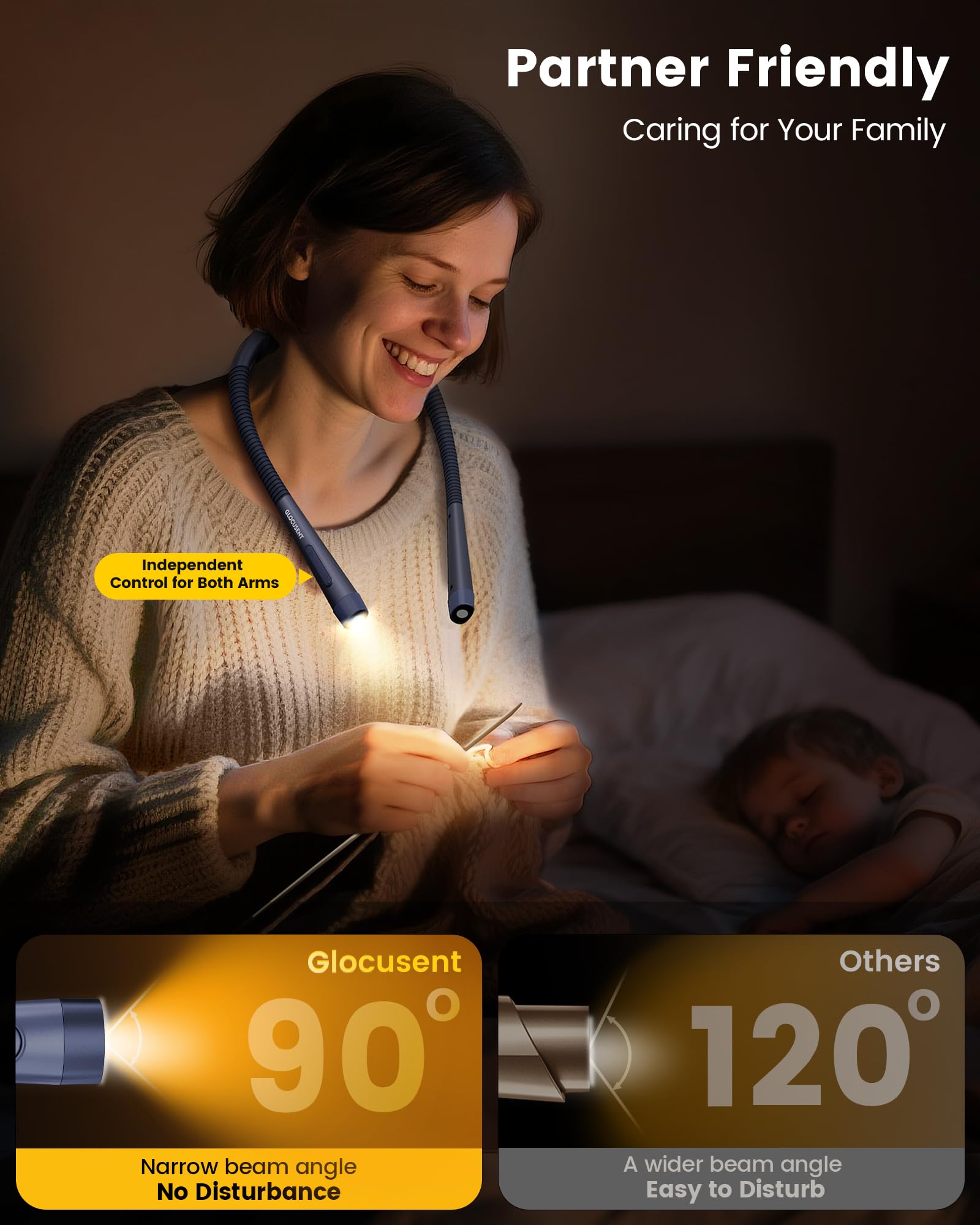 Glocusent Ergonomic Book Light Neck Light, Reading Light with 3 Colors & 5 Stepless Brightness - Image 3