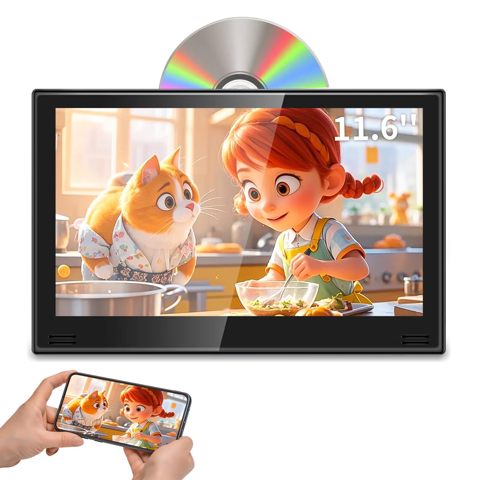 11,6" DVD Player Auto mit HDMI-Eingang & Ausgang, Tragbarer Auto DVD-Player mit Kopfstützenhalterung, Disc-Eingang mit Saugnapf, Unterstützt Letzter Speicher, USB/TF-Karte