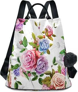 Women Rose Peony Leaves Backpack Purse Waterproof Anti-theft Casual Shoulder Bag Fashion Ladies Satchel Bags（316）, Rose Peony Leaves, 13.4 X 5.9 X 15 inch