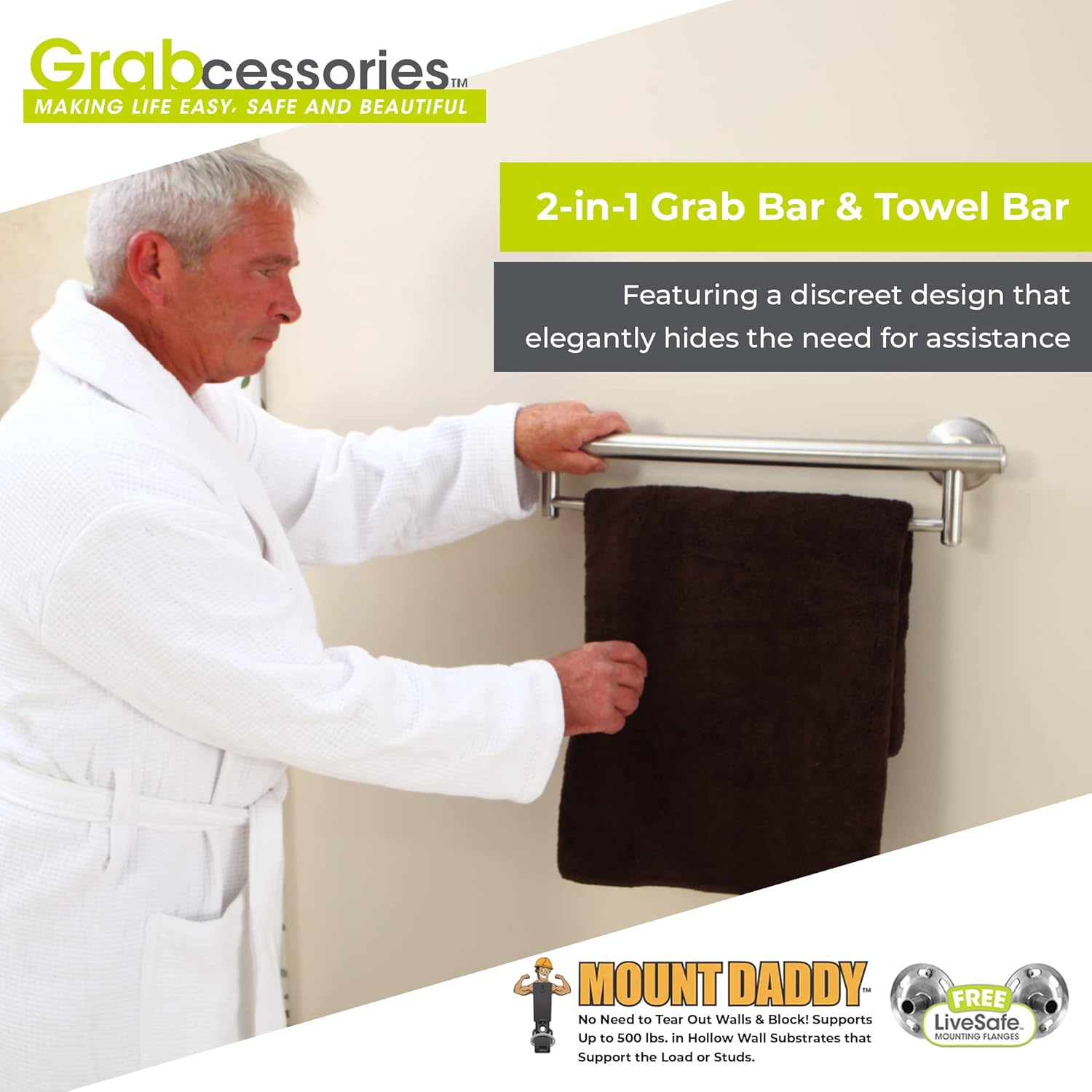 Grab Bars for Bathtubs and Showers - 2-in-1 Shower Handles for Elderly with Towel Rack - Towel Bar Grab Bar Combo for Mobility & Daily Living Aids - Decorative & No Rust Shower Hand Rails - Live Well