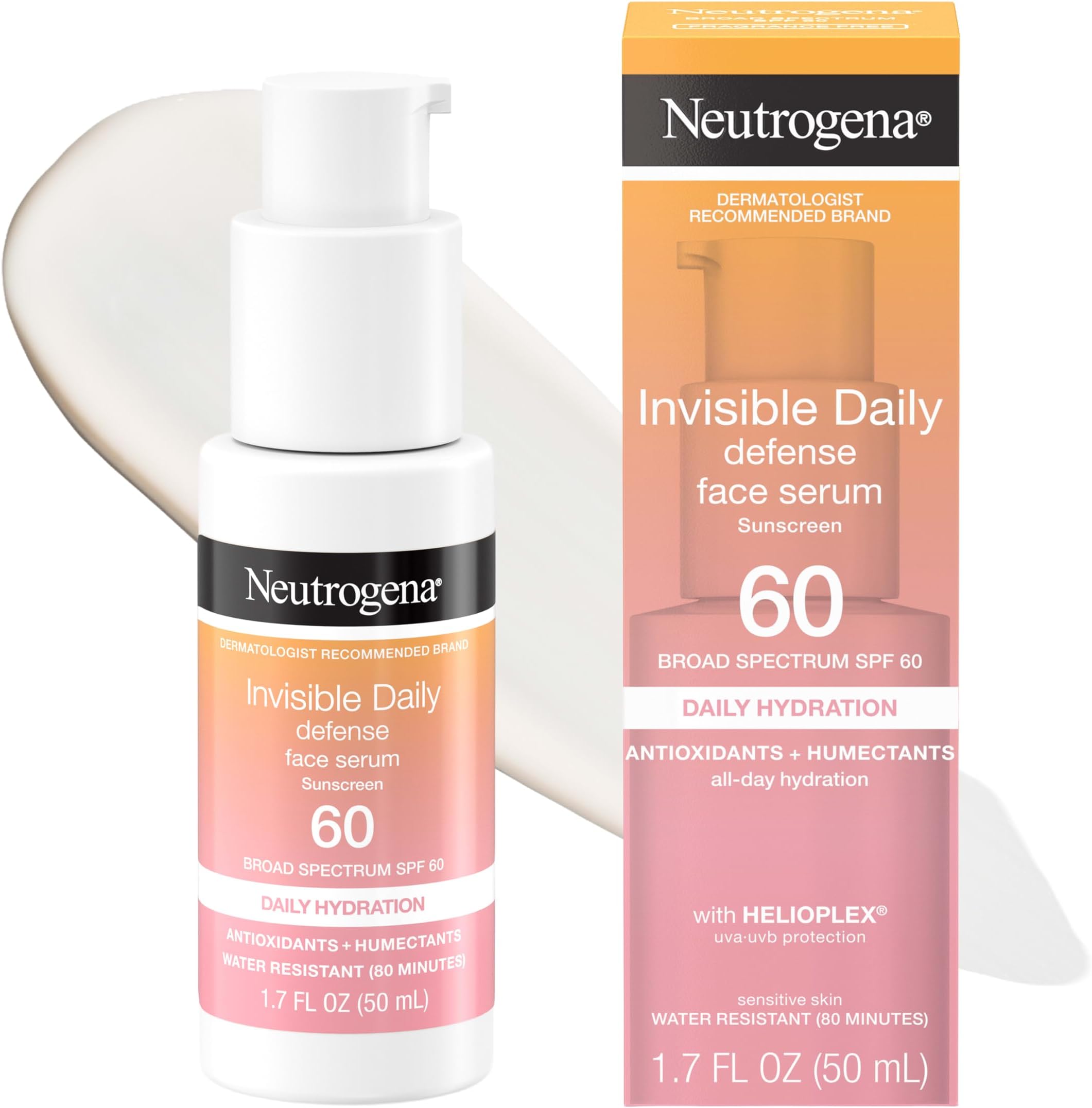 Neutrogena Invisible Daily Defense Face Serum with Broad Spectrum SPF 60+ to Help Even Skin Tone, Oil-Free, Non-Greasy, Antioxidant Complex for Environmental Aggressors, White, 1.7 fl. Oz