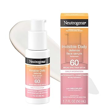 Neutrogena Invisible Daily Defense Face Serum with Broad Spectrum Sunscreen, SPF 60, SPF Face Moisturizer, Hydrating Serum, Water Resistant Sunscreen, Oil-Free Sunscreen, Fragrance Free, 1.7 Fl Oz