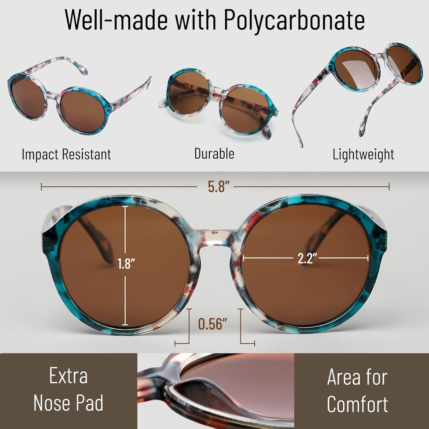 Polarized Round Sunglasses for Women – Multicolor Floral Marble Teal Frame, UV400 Protection, Retro Vintage Designer Style