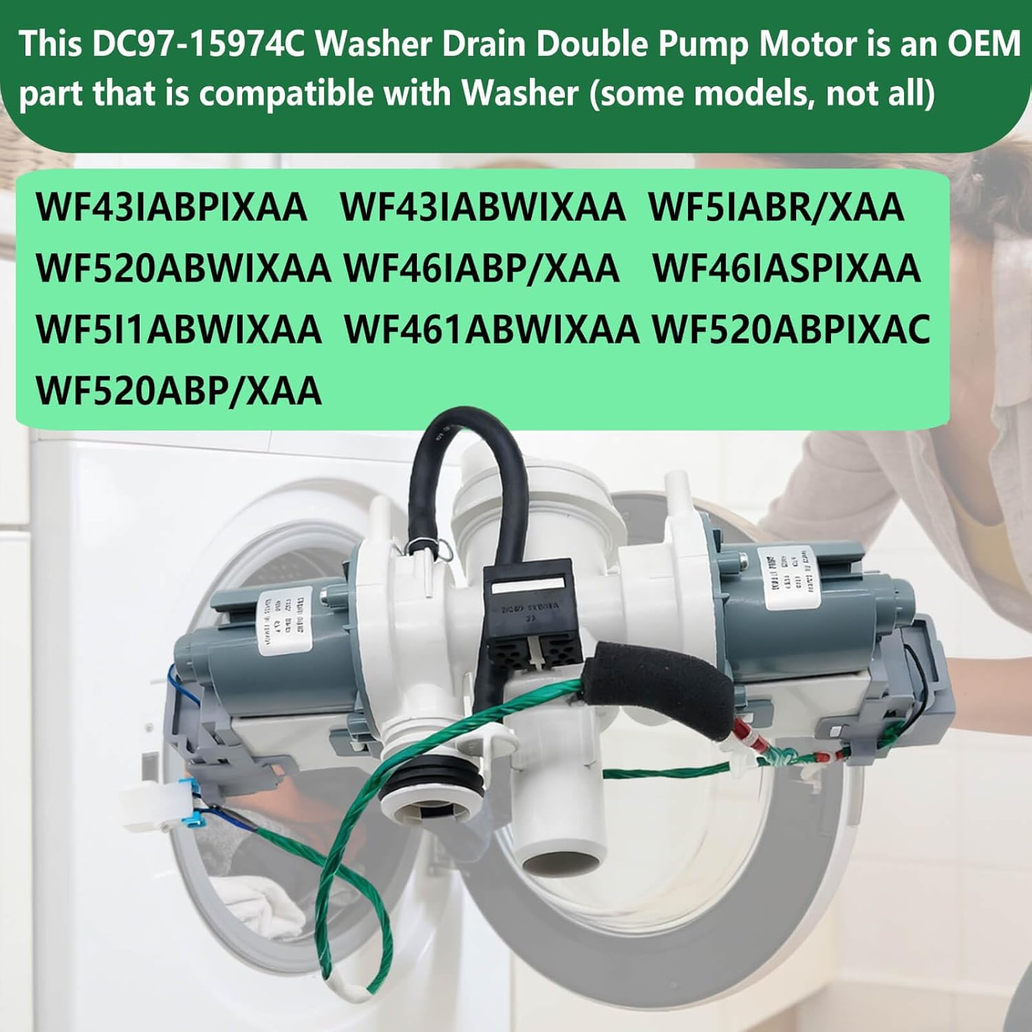 DC97-15974C Washer Drain Double Pump Motor Compatible with Samsung WF Series | Replace PD00002016, 2024992 ，AP5324683, PS4221218, EAP4221218