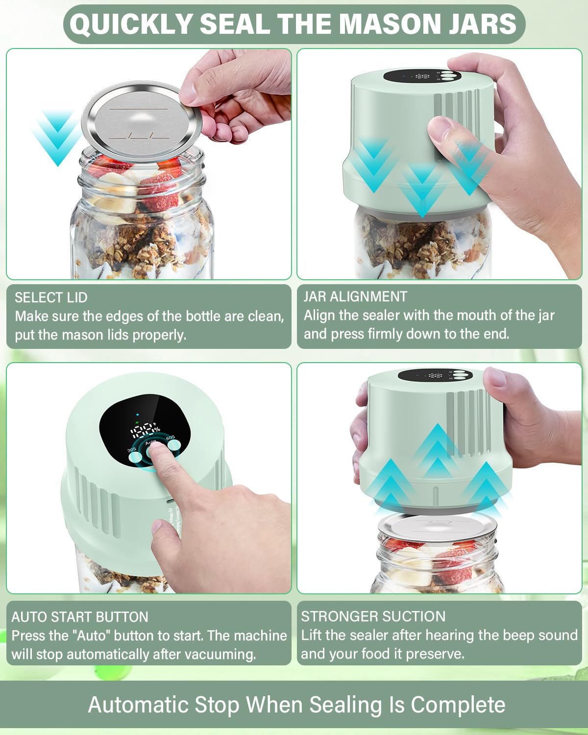 Mason Jar - Kit de sellador al vacío totalmente automático, sellador al vacío, 3 en 1, sellador al vacío inalámbrico con tapas Mason de boca ancha y regular, bolsas de vacío reutilizables, sellador al
