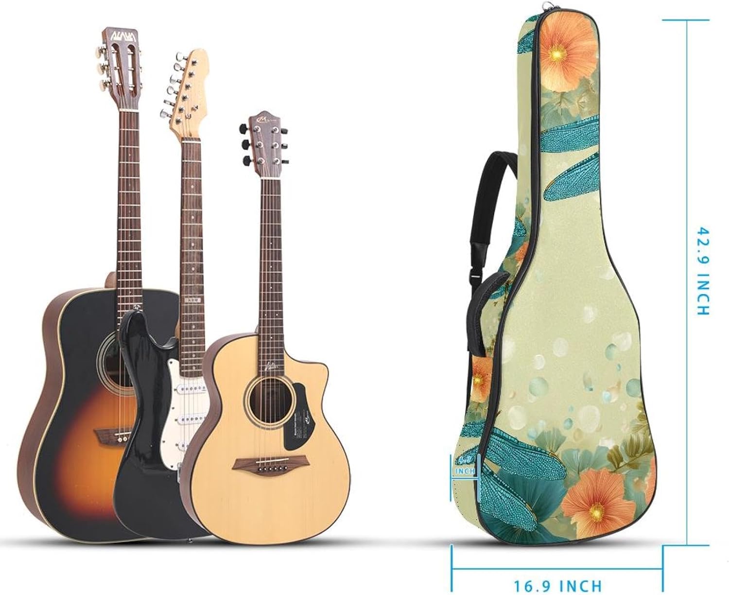 40 41 42 Inch Acoustic Guitar Bag, 0.4 In Thick Sponge Padded Guitar Case Gig Bag with Back Hanger Loop and 2 Pockets, Dragonfly and Flowers Background